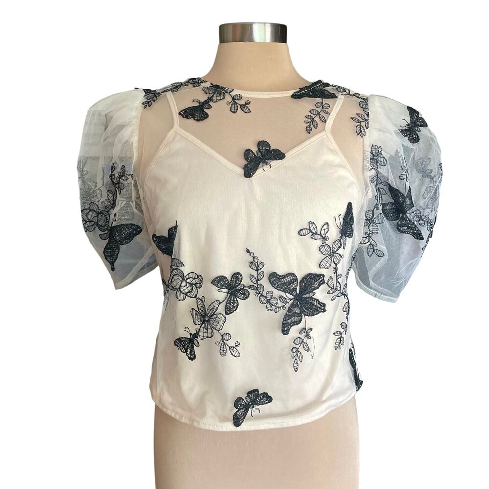 Story On Beige Tulle Satin Butterfly Applique Puff Sleeve Top LG Fairy Cottage‎